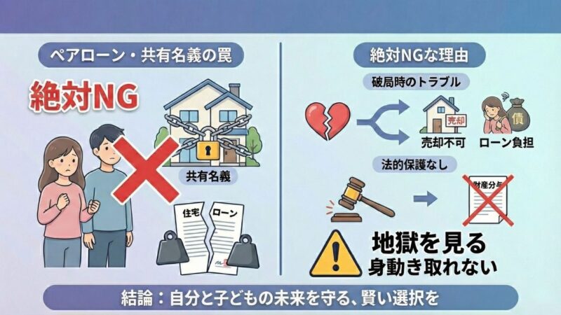 この画像は、未入籍のカップルがペアローンや共有名義で住宅を購入することの危険性を警告するインフォグラフィックです。左側のパネル「ペアローン・共有名義の罠」では、鎖で縛られた家(共有名義)と破れたローン契約書(住宅ローン)のイラストに大きな「×」と「絶対NG」の文字が重ねられ、困惑するカップルの姿が描かれています。右側のパネル「絶対NGな理由」では、破局時のトラブルとして「売却不可」や女性の「ローン負担」、法的保護がないため「財産分与」ができないこと、そして「地獄を見る 身動き取れない」という警告が示されています。下部のバーには「結論:自分と子どもの未来を守る、賢い選択を」というメッセージが記されています。