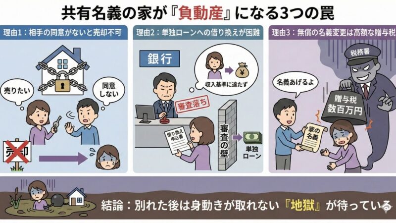 「共有名義の家が『負動産』になる3つの罠」を図解したインフォグラフィック。左から、理由1「相手の同意がないと売却不可」として男性が売却を拒否し鎖に繋がれた家が売れない様子。理由2「単独ローンへの借り換えが困難」として女性が収入基準を満たさず銀行の審査に落ちる様子。理由3「無償の名義変更は高額な贈与税」として男性から家の名義を受け取ると税務署から数百万円の贈与税の重りを落とされる様子が描かれている。下部には「結論:別れた後は身動きが取れない『地獄』が待っている」という文字とともに、家に鎖で繋がれ泥沼に沈んでいく女性のイラストが配置されている。