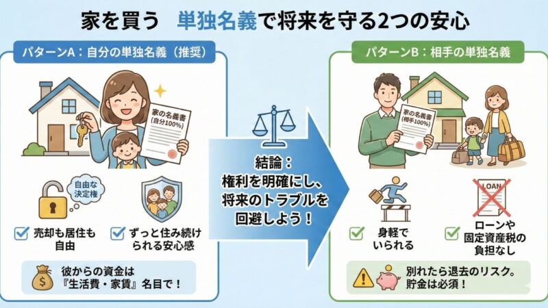 「家を買う 単独名義で将来を守る2つの安心」を図解したインフォグラフィック。左側は「パターンA:自分の単独名義(推奨)」として、自分100%の家の名義書と鍵を持つ笑顔の母子のイラスト。「売却も居住も自由」「ずっと住み続けられる安心感」というメリットと、「彼からの資金は『生活費・家賃』名目で!」という注意点が書かれている。右側は「パターンB:相手の単独名義」として、相手100%の名義書を持つ男性と、荷物を持って退去する母子のイラスト。「身軽でいられる」「ローンや固定資産税の負担なし」というメリットに対し、「別れたら退去のリスク。貯金は必須!」と警告されている。中央の矢印には「結論:権利を明確にし、将来のトラブルを回避しよう!」というメッセージが配置されている。