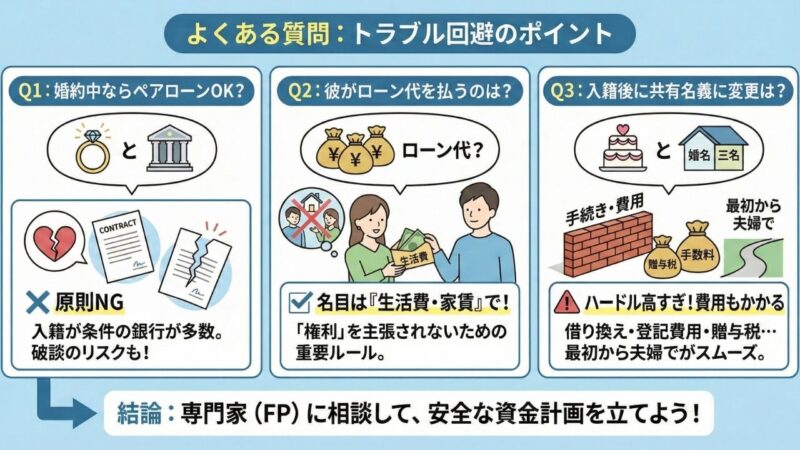 「よくある質問:トラブル回避のポイント」をまとめた3つのQ&Aの図解。左から、Q1「婚約中ならペアローンOK?」に対し「原則NG。入籍が条件の銀行が多数で破談リスクもある」。中央のQ2「彼がローン代を払うのは?」に対し「名目は生活費・家賃で!権利を主張されないための重要ルール」として生活費を受け取る男女のイラスト。右のQ3「入籍後に共有名義に変更は?」に対し「ハードル高すぎ!費用もかかる。借り換え・登記費用・贈与税などが発生するため最初から夫婦で買うのがスムーズ」と記載されている。下部には「結論:専門家(FP)に相談して、安全な資金計画を立てよう!」というメッセージがまとめられている。