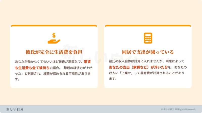 事実婚でも養育費の減額が認められる可能性がある「生計同一」の例外ケース。同居相手が生活費や家賃を完全に負担し、母親の経済力が向上したとみなされる場合のリスク解説。