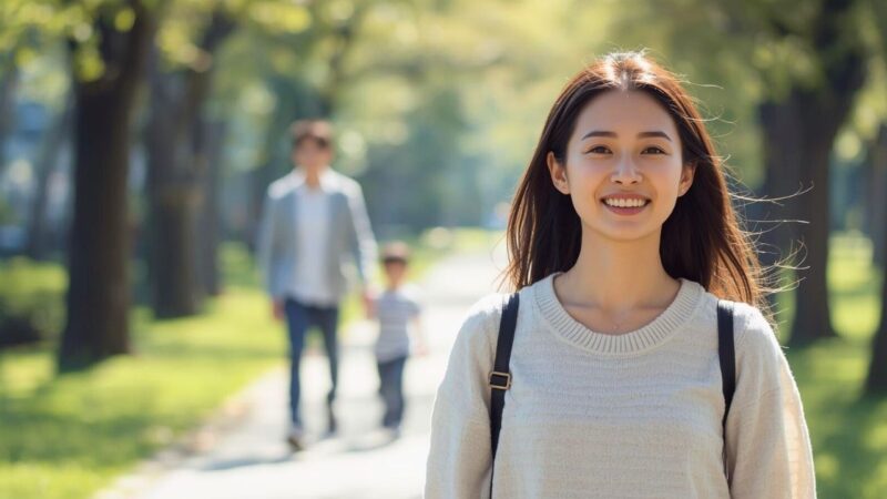 晴れた日の公園を歩くシングルマザー。後ろには再婚相手と子どもが手を繋いで歩いている。