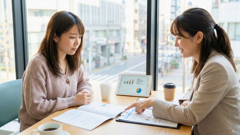 離婚を考える20代の女性が、明るいオフィスで専門家(離婚プランナーやFPなど)に具体的なアドバイスを受けている写真。書類やタブレットのグラフを見ながら真剣な表情で相談し、子どもの未来と自分の新しい人生のために前向きな一歩を踏み出そうとしている様子。