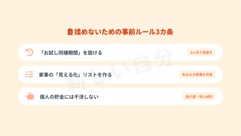 トラブルを防ぐための同棲前の事前ルール3カ条。お試し同棲期間を設ける、名もなき家事をリスト化し「見える化」する、個人の貯金には干渉せず逃げ道を確保することの重要性。