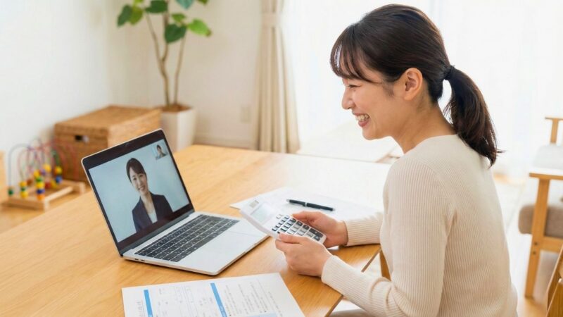 20代後半の日本のシングルマザーが、明るいリビングで電卓を片手に、ノートパソコン越しにファイナンシャルプランナーと笑顔でオンライン相談をしている様子。