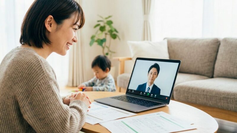 リビングで子供を遊ばせながら、ノートパソコンでファイナンシャルプランナーとオンライン相談をしている笑顔のシングルマザー。