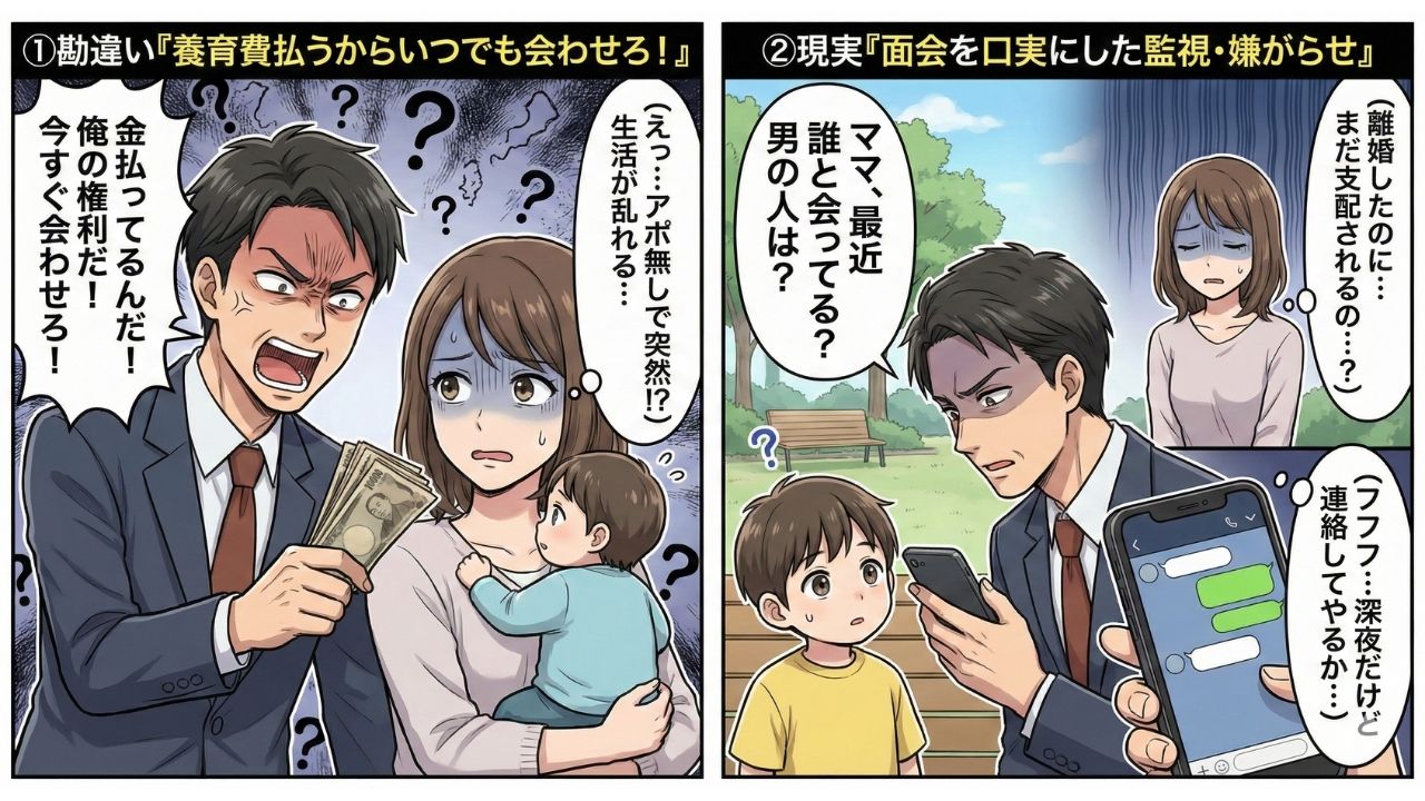 面会交流に関する夫の勘違いと、面会を悪用した嫌がらせを描いた2コマ漫画。左のコマは「①勘違い『養育費払うからいつでも会わせろ！』」と題し、夫がお金を突きつけてアポ無しの面会を強要し、妻が困惑している様子。右のコマは「②現実『面会を口実にした監視・嫌がらせ』」と題し、夫が子どもを通じて母親の交友関係を探り、深夜に連絡してやろうと企む姿と、離婚後も夫に支配されることに怯える妻の姿を描いている。