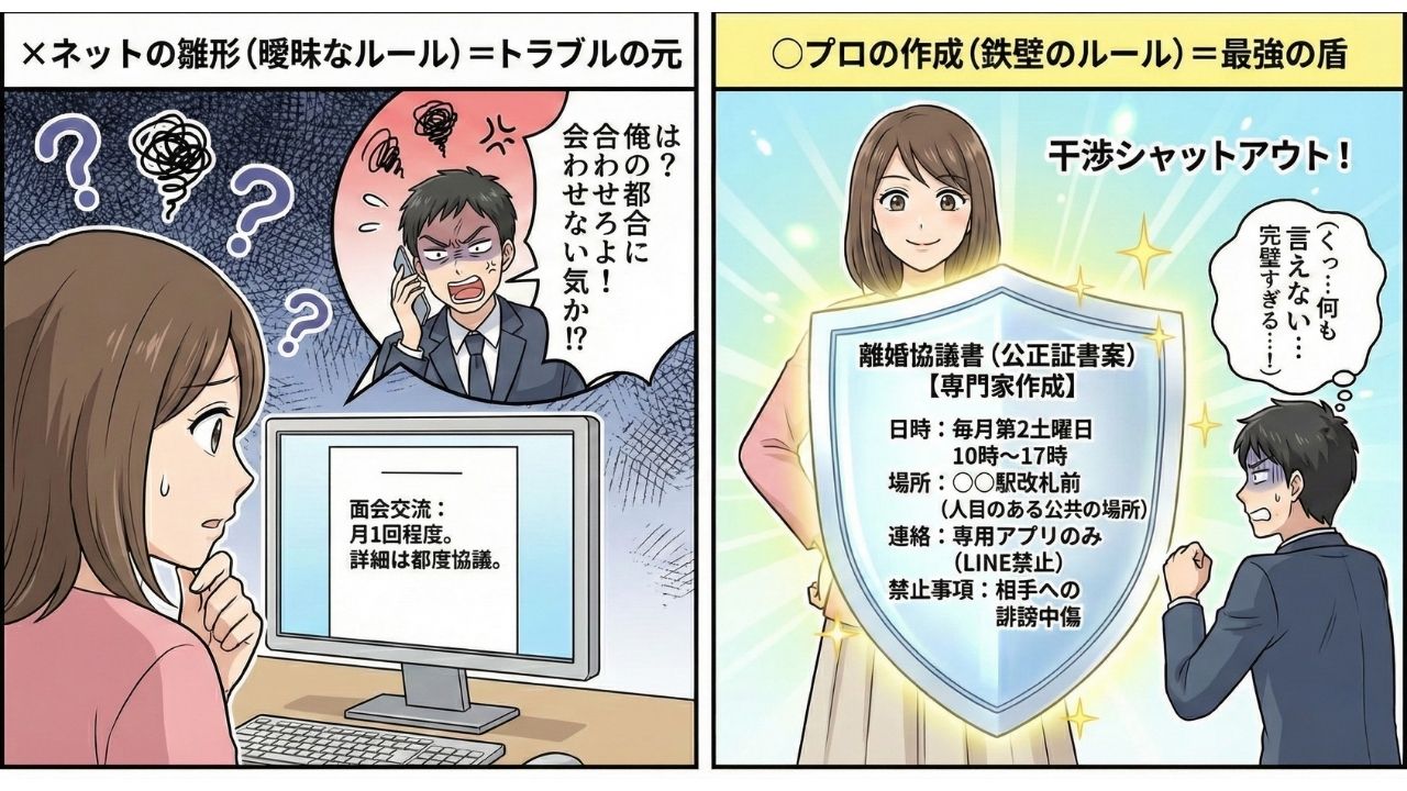 ネットの無料雛形とプロが作成した離婚協議書の違いを比較した2コマ漫画。左のコマは「×ネットの雛形（曖昧なルール）＝トラブルの元」と題し、曖昧な面会ルールにしたせいで元夫から電話で理不尽に怒鳴られ、困惑する女性の姿を描写。右のコマは「○プロの作成（鉄壁のルール）＝最強の盾」と題し、専門家が作成した詳細なルールが書かれた巨大な盾（離婚協議書）に守られて笑顔の女性と、完璧なルールを前に反論できず悔しがる元夫の姿を描いている。