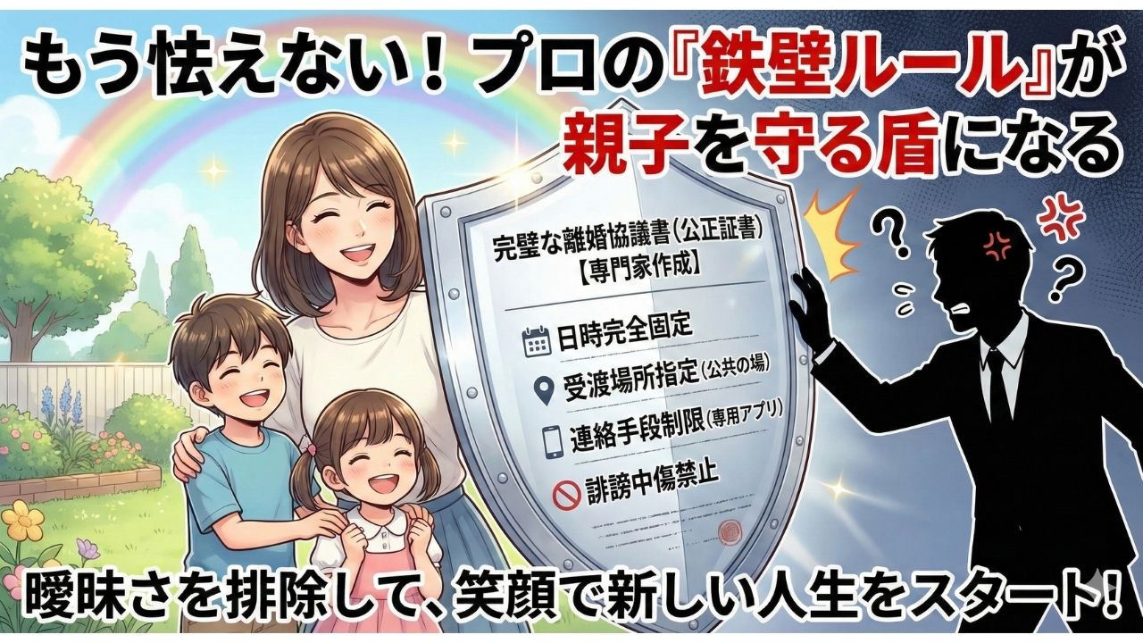 プロの専門家が作成した「完璧な離婚協議書」という大きな盾に守られ、明るい虹を背景に笑顔で寄り添う母親と二人の子どもたち。盾には日時固定や連絡手段の制限といった細密なルールが書かれており、それに阻まれて手出しできず悔しがる元夫の黒いシルエットが対照的に描かれている。「もう怯えない！プロの『鉄壁ルール』が親子を守る盾になる」「曖昧さを排除して、笑顔で新しい人生をスタート！」というメッセージが添えられた、記事全体のまとめ画像。