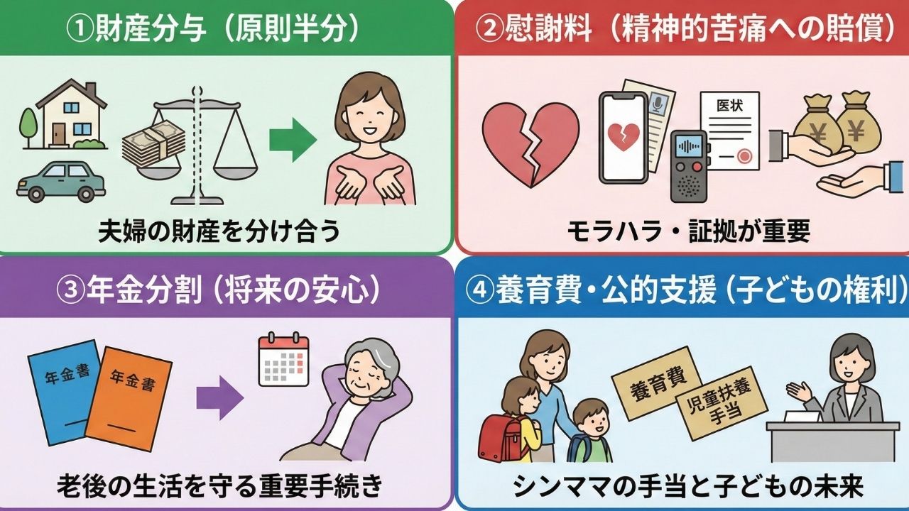 離婚時に受け取る権利がある4つのお金(財産分与、慰謝料、年金分割、養育費・公的支援)を解説した図解イラスト。家や車の分割、モラハラの証拠集め、老後の年金手続き、そして子どもとの生活を支える手当について、それぞれのポイントがわかりやすく描かれている。