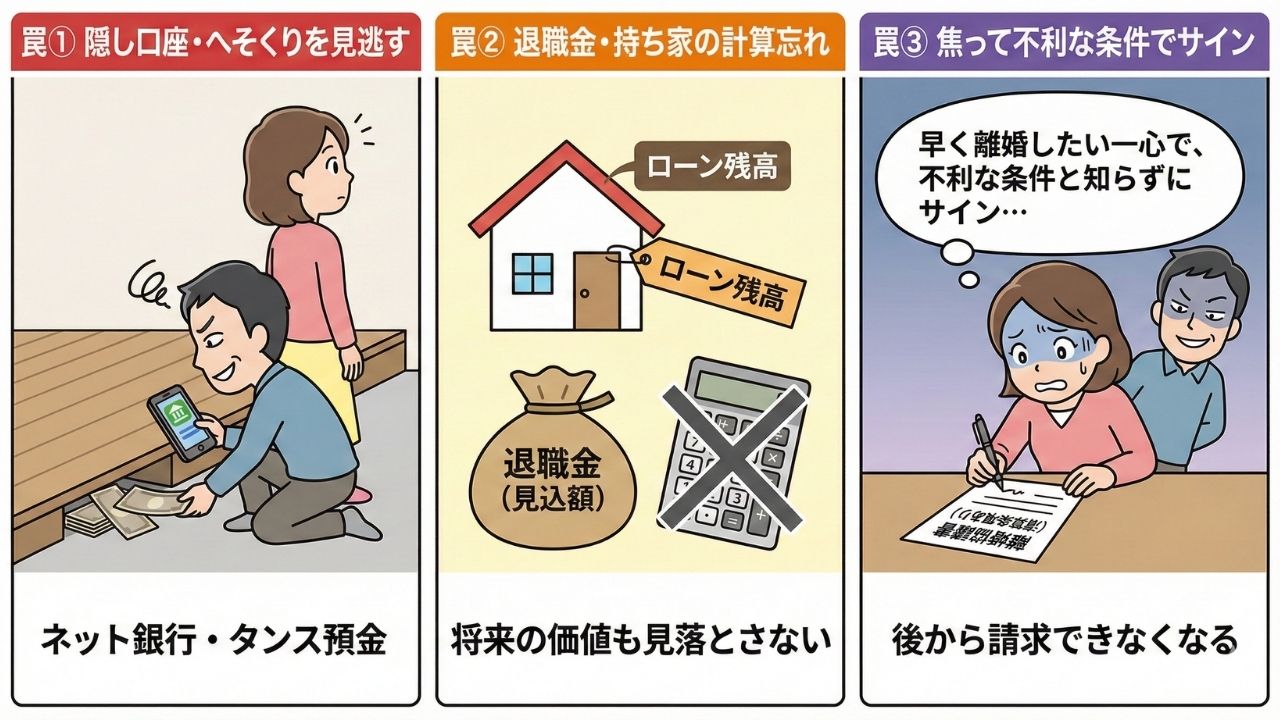 財産分与で数百万円損する3つの罠を解説した図解イラスト。左から、夫の隠し口座やタンス預金を見逃す罠、退職金や持ち家の計算を忘れる罠、早く別れたいと焦って不利な条件の離婚協議書にサインしてしまう罠が描かれている。