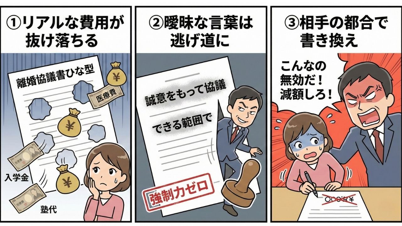ネットの離婚協議書ひな型に潜む3つの罠を描いた図解イラスト。左から、入学金や医療費などリアルな費用が抜け落ちてしまう罠、曖昧な言葉が夫の逃げ道となり法的強制力がなくなる罠、夫に怒鳴られて強引に不利な条件へ書き換えられてしまう罠が描かれている。