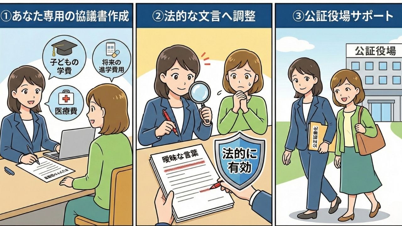 離婚サポートのプロによる3つのサービス内容（①家庭の事情に合わせた専用協議書の作成、②曖昧な言葉をなくす法的な文言への調整、③公証役場への同行サポート）をわかりやすく描いた3コマの図解イラスト。