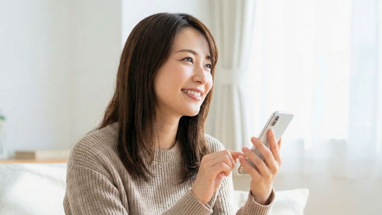 離婚の悩みから解放され、専門サービス「離婚プランナー」に相談することを決意。前向きな表情でスマートフォンを操作する30代の既婚女性。明るい光が差し込むリビングで、希望に満ちた笑顔を見せている。