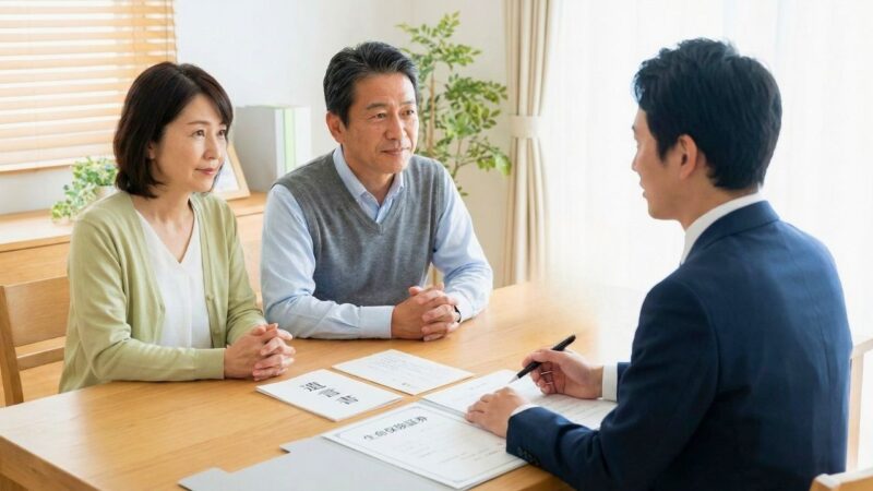 ファイナンシャルプランナーや公証人とテーブルを囲み、遺言書や保険証券を見ながら話し合う事実婚カップル。真剣だが安心した表情。テーブルには子どもの写真が飾られている。将来への備えができ、安堵している様子。