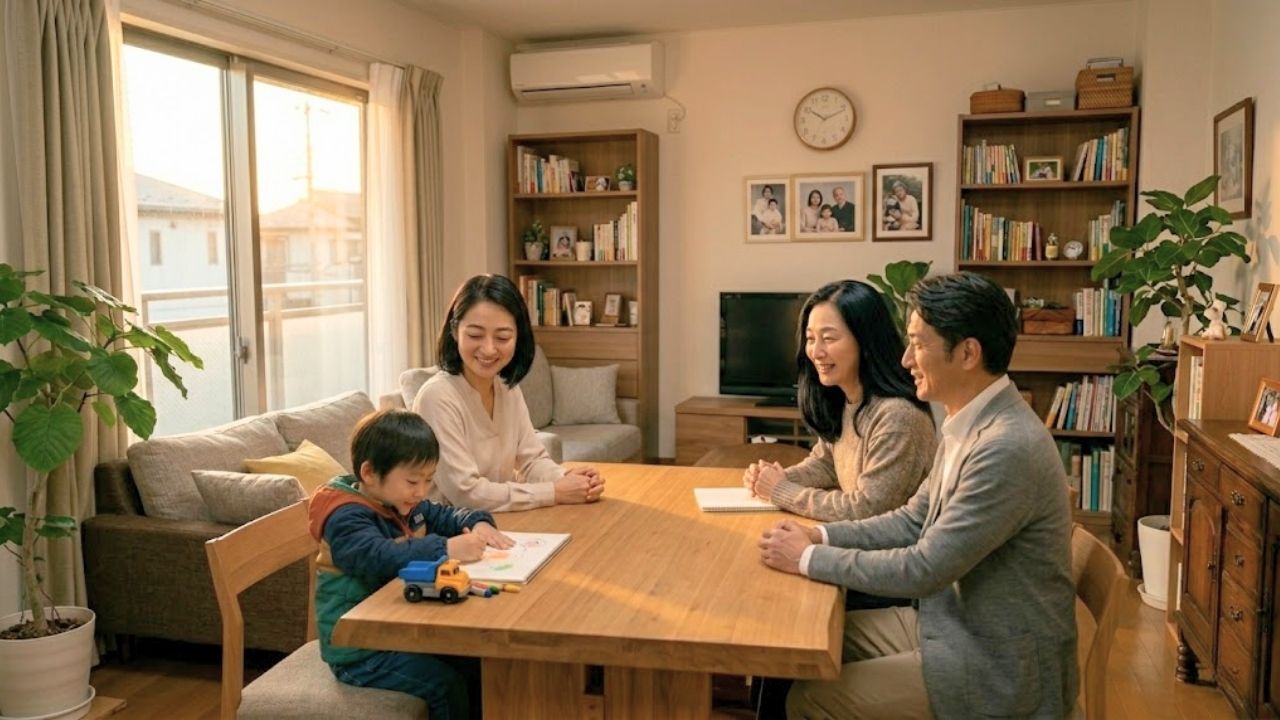 実家のリビングで両親（祖父母）と和やかに話し合い、理解と協力を得る若いシングルマザー。隣では子どもが遊んでおり、皆のっ注目を集めている。