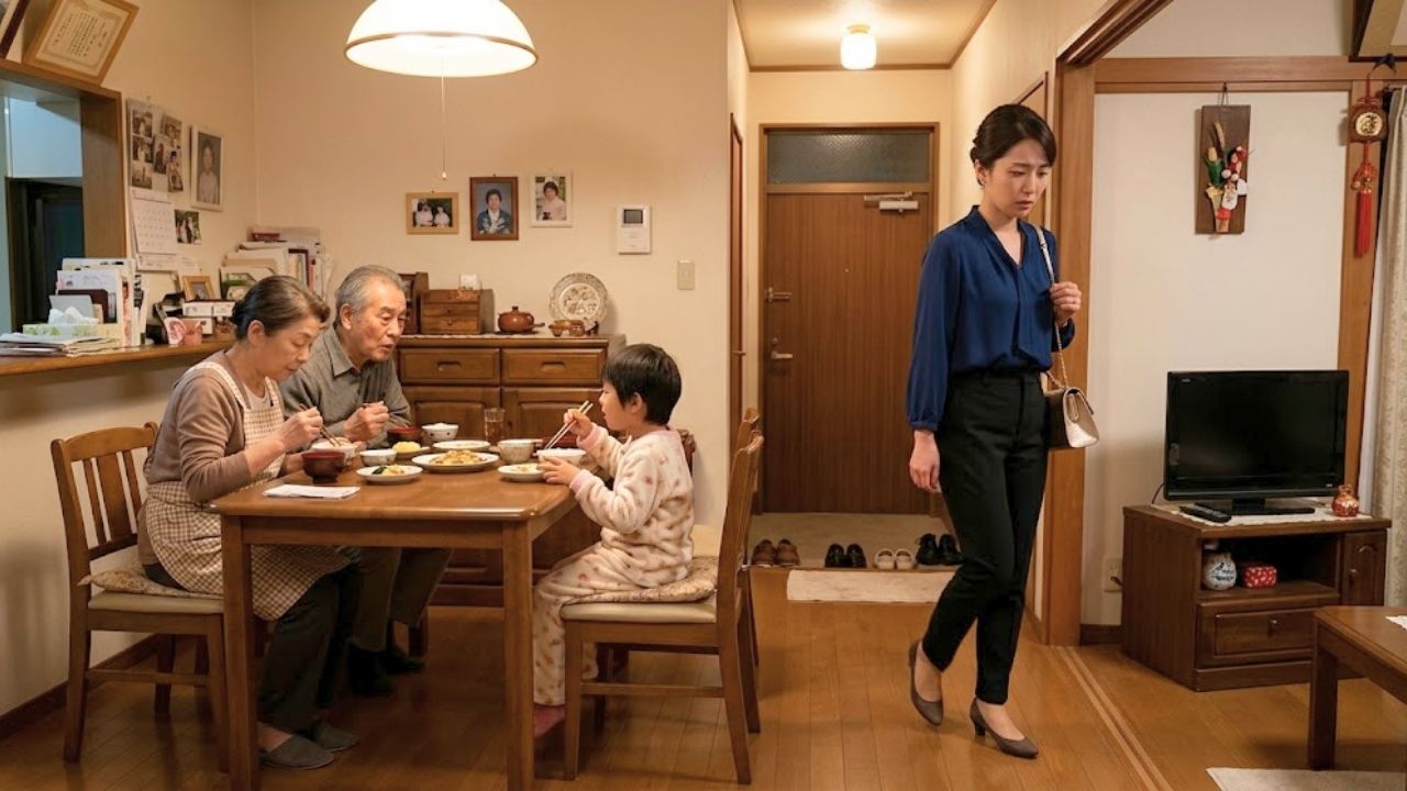 夕食中の家族の横を、おしゃれをして後ろめたそうに通り過ぎる実家暮らしのシングルマザー。
