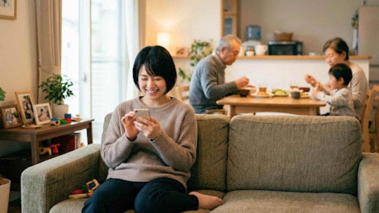 実家のソファで、楽しそうにスマホを見るシングルマザー。背後の食卓では祖父母と子どもが食事をしている。