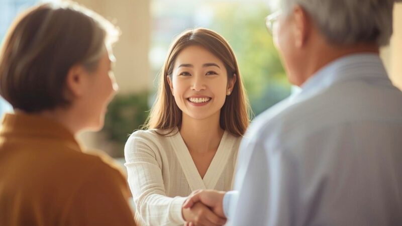 両親とがっちりと握手を交わすシングルマザー。家族としての絆だけでなく、子育てと恋愛を両立するための「業務提携」をイメージ。