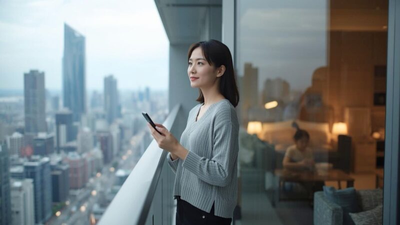 暖かい家庭（実家）を背に、バルコニーで自信に満ちた笑顔を見せるシングルマザー。守られた環境で賢く生きる姿。