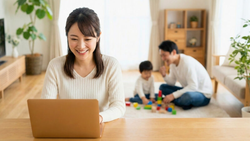 自宅のリビングでノートパソコンに向かい、ファイナンシャルプランナーにオンライン相談をして安心した笑顔を見せる20代後半のシングルマザー。後ろでは、再婚予定の彼氏と3歳の息子が楽しそうに遊んでいる。