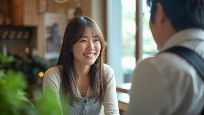 オフィスで、同僚の男性と笑顔で会話を楽しんでいるシングルマザーの日常的なシーン