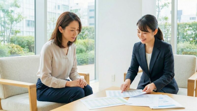 結婚相談所で、カウンセラーと資料を見ながら真剣に話をするシングルマザー