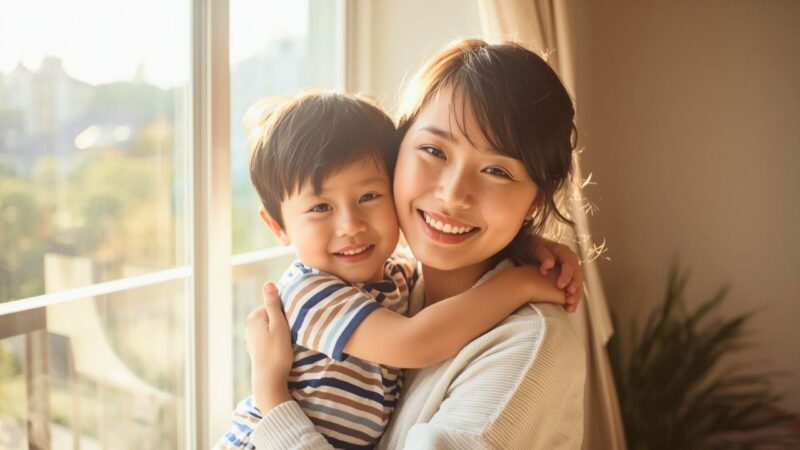 日当たりの良い窓辺で、子どもを抱きと幸せそうに笑うシングルマザー