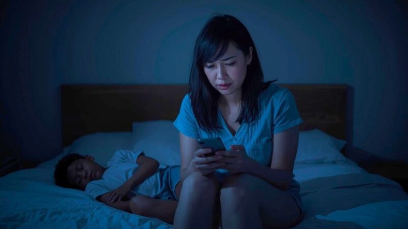 子どもを寝かしつけた後、悶々としてスマホを見つめるシングルマザー、プライベートな時間がなく悩んでいる様子