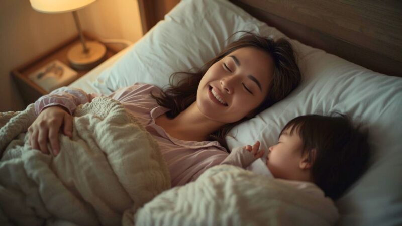 セルフケアを終えてすっきりとした表情でベッドに入り、隣で眠る子どもを見守りながらリラックスする30代のシングルマザー