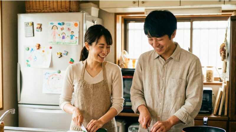 キッチンで男性と笑顔で会話しながら料理をしているシングルマザーの日常風景