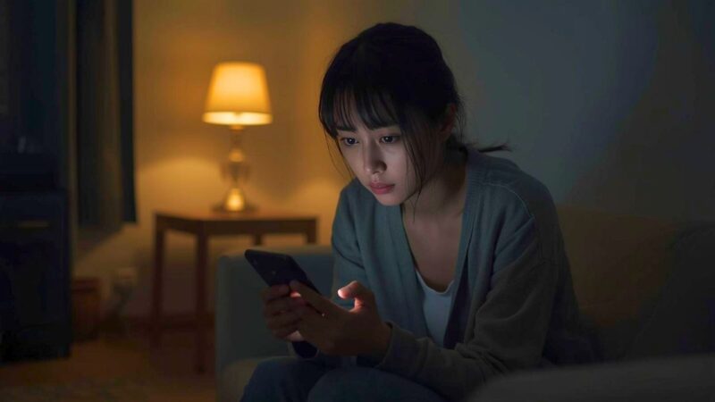 夜、薄暗い部屋で不安そうにスマートフォンの画面を見つめているシングルマザー