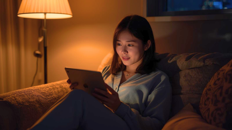 夜、ソファでリラックスしながらタブレットで物語を読み、穏やかな表情のシングルマザー