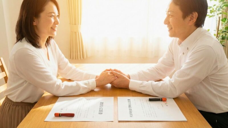 法的な書類作成を終え、安心した表情で手を握り合うカップル。前方に明るい光が差している。