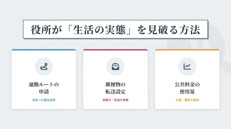児童扶養手当の不正受給調査などで役所が生活実態を確認する3つのポイント（通勤ルート、郵便物、公共料金）をまとめた図解。