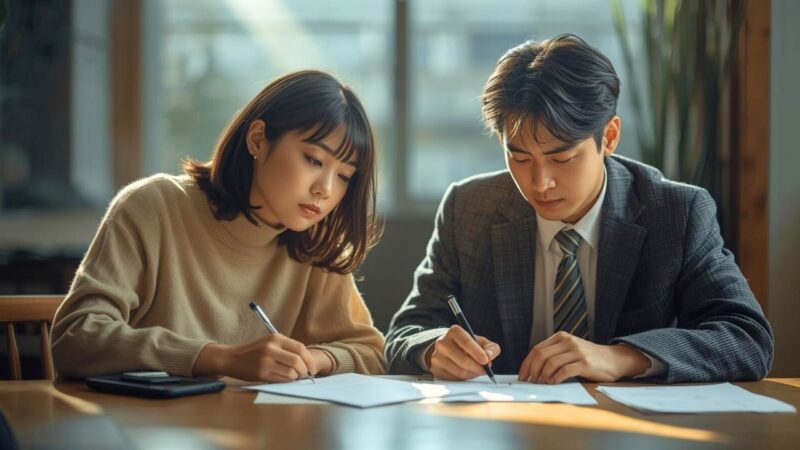 日の当たるテーブルで、真剣かつ穏やかな表情で役所の書類を記入するカップル。正しい手続きへの前向きな姿勢