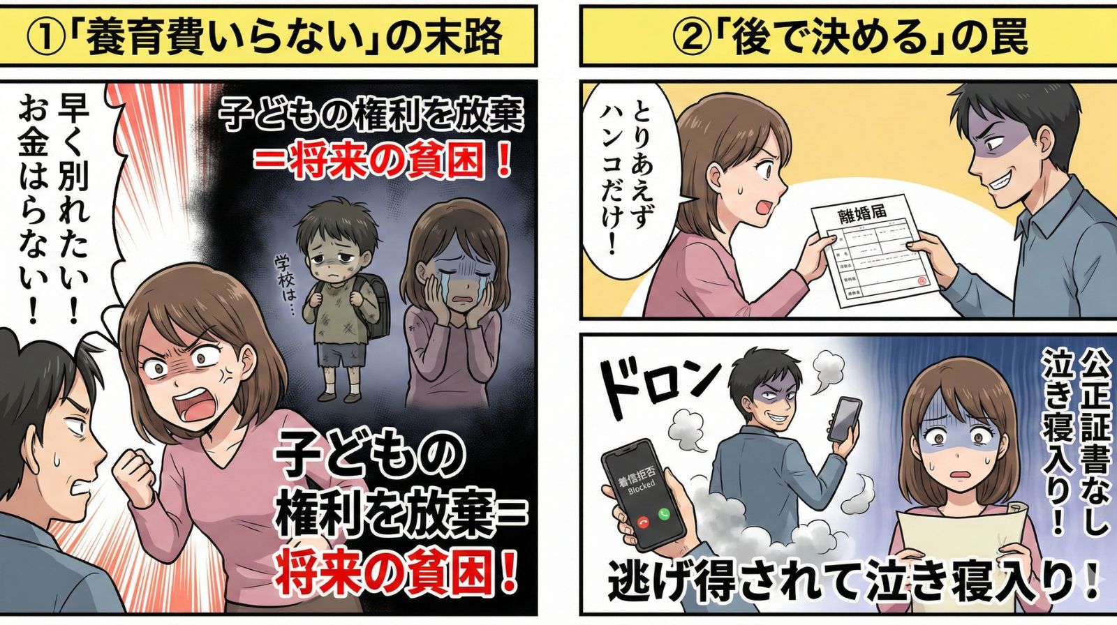 離婚を急ぐことの危険性を警告する2コマ漫画。左のコマは「①『養育費いらない』の末路」と題し、妻が「お金はいらない!」と焦って養育費を放棄した結果、将来の子どもと自分が貧困に苦しむ様子を描写。右のコマは「②『後で決める』の罠」と題し、とりあえず離婚届だけ出して条件を後回しにした結果、夫に着信拒否されて逃げられ、公正証書もなく泣き寝入りする妻の様子を描いている。