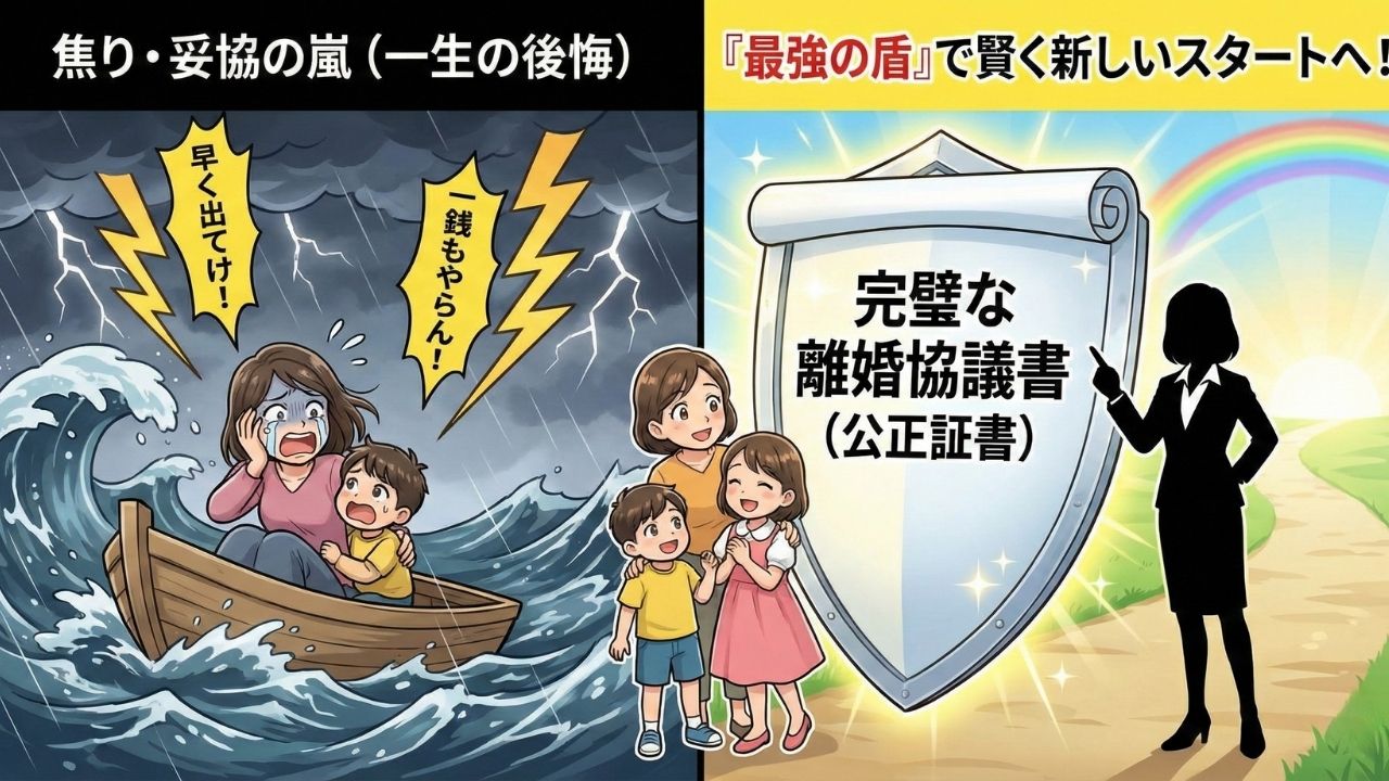 焦って妥協する危険性と、プロのサポートを受けた安全な再出発を比較したまとめのイラスト。左側は「焦り・妥協の嵐(一生の後悔)」と題し、嵐の海を小舟でさまよいながら、夫の「早く出てけ!」「一銭もやらん!」という落雷のような暴言に怯えて泣く母子の姿を描写。右側は「『最強の盾』で賢く新しいスタートへ!」と題し、専門家のシルエットの横で「完璧な離婚協議書(公正証書)」という巨大な盾に守られ、虹のかかる明るい道を笑顔で歩み出す親子の姿を描いている。