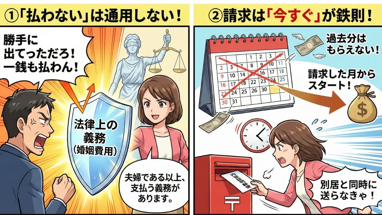 別居中の生活費(婚姻費用)請求のルールを解説した2コマ漫画。左のコマは「①『払わない』は通用しない!」と題し、生活費の支払いを拒否して怒鳴る夫に対し、妻が「法律上の義務(婚姻費用)」という盾で対抗している様子。右のコマは「②請求は『今すぐ』が鉄則!」と題し、過去の未請求分はもらえないため、妻が別居と同時に急いで内容証明郵便をポストに投函している様子を描いている。
