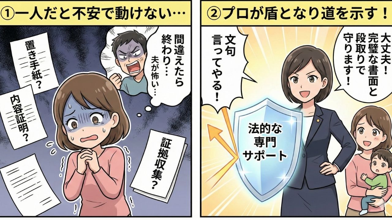 離婚問題の専門家に依頼するメリットを対比させた2コマ漫画。左のコマは「①一人だと不安で動けない…」と題し、置き手紙や内容証明などの手続きに悩み、夫の怒りを恐れて震えている妻の様子。右のコマは「②プロが盾となり道を示す!」と題し、女性の専門家が「法的な専門サポート」の盾で夫の干渉を防ぎ、「完璧な書面と段取りで守ります!」と妻と子を導いている様子を描いている。