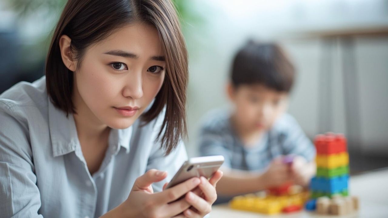 子育てママが夫からのモラハラなどに耐えきれず、専門家へ相談することを決意しスマホを手にする様子。