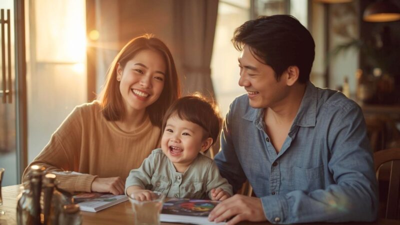 完璧な父親を目指すのをやめ、リラックスして笑顔で過ごすステップファミリー。初婚夫、連れ子、母親の幸せな食卓の風景。