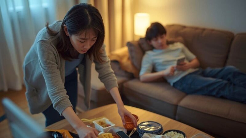 年下男性の世話を焼いて疲弊するシングルマザーの様子。「都合のいいお母さん役」にされている関係性のイメージ。