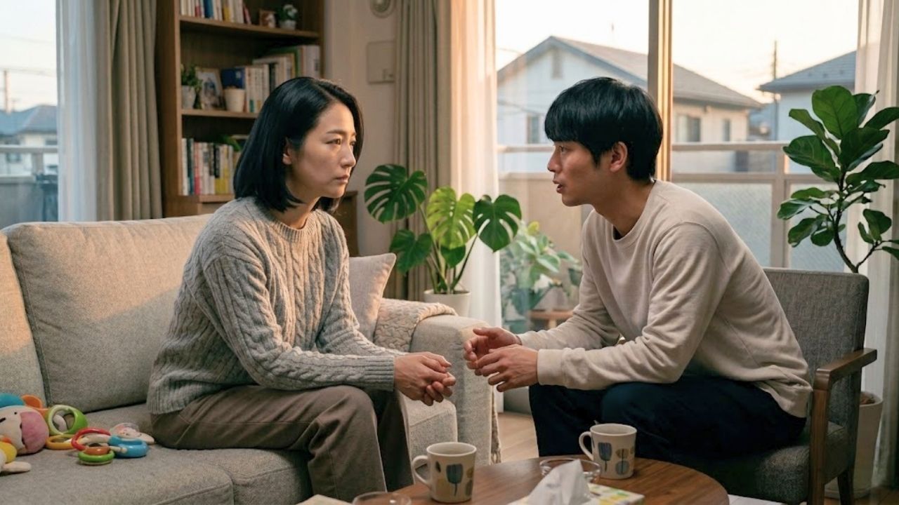 夕暮れの光が差し込むリビングで、真剣な表情で座るシングルマザー(30代後半)と、必死に説得するように語りかける年下男性のカップル。コーヒーテーブルにはマグカップ、床には子どものおもちゃがあり、重要な話し合いや、説得のシーンを描写している。