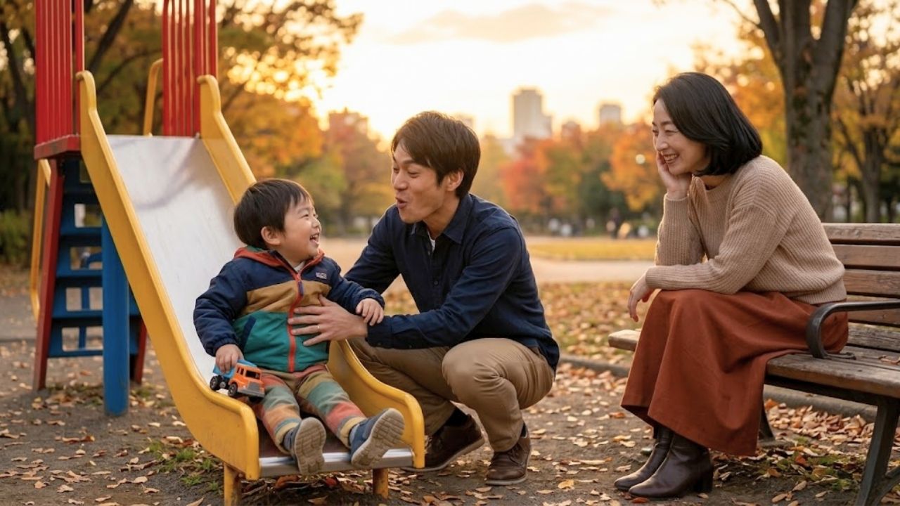 夕暮れの秋の紅葉した公園で、滑り台で遊ぶ幸せなシーンを表した写真。ベンチで見守るシングルマザーと、子どもを支えるシングルマザーの年下彼氏、楽しそうな息子。