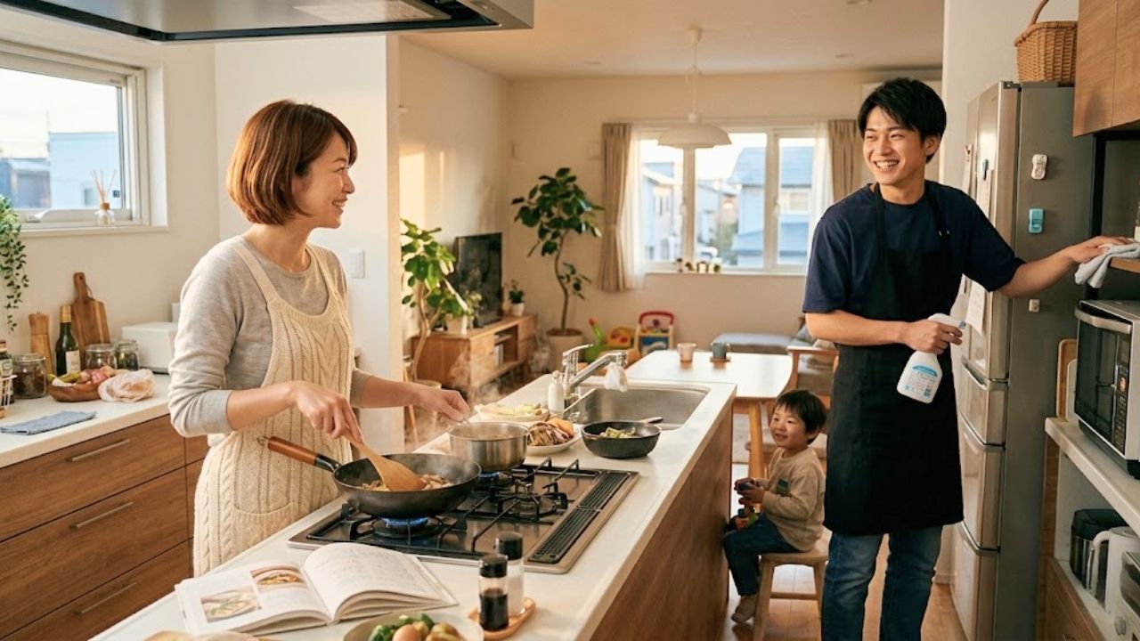 30代のシングルマザーと年下彼氏の画像を生成。シングルマザーは料理、年下彼氏は掃除、協力し合う幸せで微笑ましいシーン