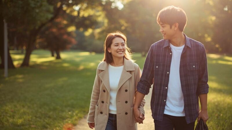 夕暮れの公園で、年下の彼氏と手を繋ぎ、穏やかで自信に満ちた笑顔を見せる30代のシングルマザー。罪悪感を手放し、パートナーとの信頼関係を築いている様子。