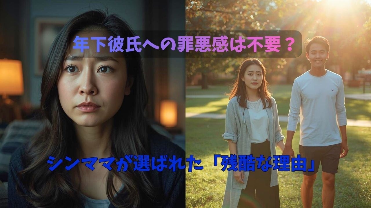 罪悪感に悩む暗い表情のシングルマザーと、年下彼氏と幸せそうに笑う明るい表情のシングルマザーの対比。