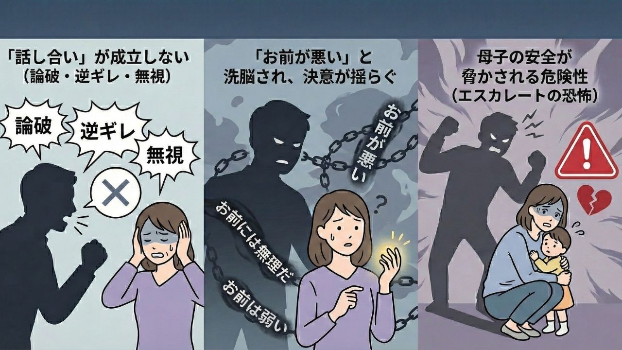 モラハラ夫と直接離婚協議をすることの3つの危険性を説明したイラスト。左のパネルは「話し合いが成立しない」として、夫の論破・逆ギレ・無視に苦しむ妻。中央のパネルは「洗脳され決意が揺らぐ」として、夫の言葉の鎖に縛られ自信を失いかける妻。右のパネルは「母子の安全が脅かされる」として、暴力のエスカレートを恐れ子どもを庇う妻の様子が描かれている。