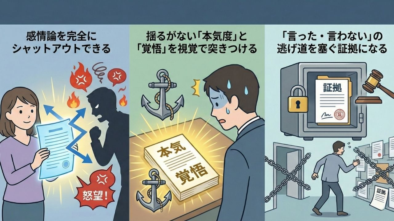 モラハラ夫に書面で離婚を切り出す3つのメリットを解説したイラスト。左のパネルは「感情論を完全にシャットアウトできる」として、妻が持つ書面が盾となり、夫の激しい怒声や暴言を弾き返している様子。中央のパネルは「揺るがない本気度と覚悟を視覚で突きつける」として、重い碇とともに置かれた「本気・覚悟」という書面を見て焦る夫の様子。右のパネルは「言った・言わないの逃げ道を塞ぐ証拠になる」として、金庫に保管された証拠書類や鎖によって、夫の言い逃れを完全に封じ込める様子が描かれている。